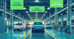 Celebratory scene of electric vehicles at a factory with banners for innovation and local craftsmanship in vibrant colors.