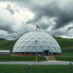 Geodesic dome at a military base under a cloudy sky, hinting at recent events, using neutral colors.
