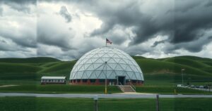 Geodesic dome at a military base under a cloudy sky, hinting at recent events, using neutral colors.