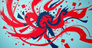 Abstract representation of political turmoil with dynamic shapes and red-blue color scheme.