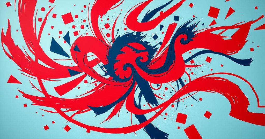Abstract representation of political turmoil with dynamic shapes and red-blue color scheme.