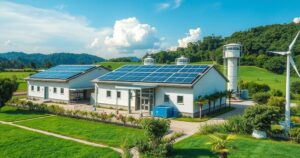 A lithium processing facility in Nigeria featuring modern architecture, greenery, and solar panels under a clear sky.