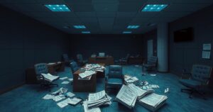 A dramatic scene of an empty office with scattered papers, broken furniture, and a dark color scheme, depicting an aftermath.