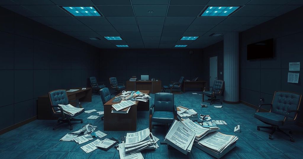 A dramatic scene of an empty office with scattered papers, broken furniture, and a dark color scheme, depicting an aftermath.