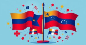 A symbolic depiction of diplomatic negotiations with Venezuelan flags and contrasting colors to represent tension and strategy.