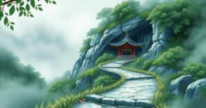 Pilgrims on a scenic trail towards a cave shrine amidst lush greenery and soft rain, reflecting a spiritual journey.