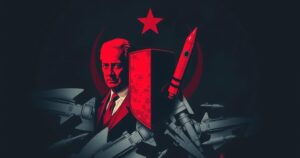 Abstract representation of geopolitical conflict with dark tones, featuring iconic symbols of leaders and missiles.
