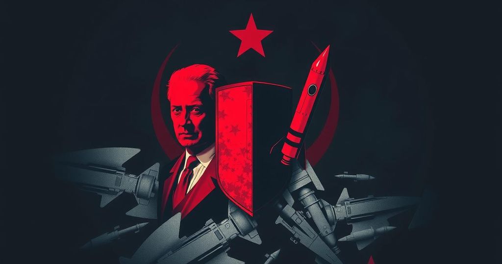 Abstract representation of geopolitical conflict with dark tones, featuring iconic symbols of leaders and missiles.