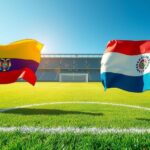 Soccer field with a vibrant green pitch and colorful corner flags during a match between Ecuador and Uruguay.