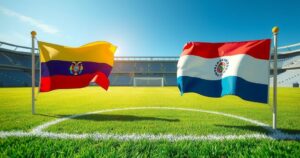 Soccer field with a vibrant green pitch and colorful corner flags during a match between Ecuador and Uruguay.