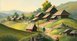 A peaceful village landscape with tents and tranquil surroundings, reflecting community strength and togetherness.