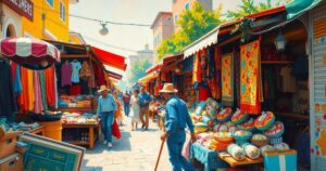 A serene outdoor market scene featuring vibrant stalls filled with goods, colorful textiles, and bright fabrics.