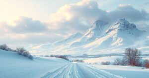 A frosty landscape with snow covering mountains and fields under a cloudy sky, showcasing winter chill.