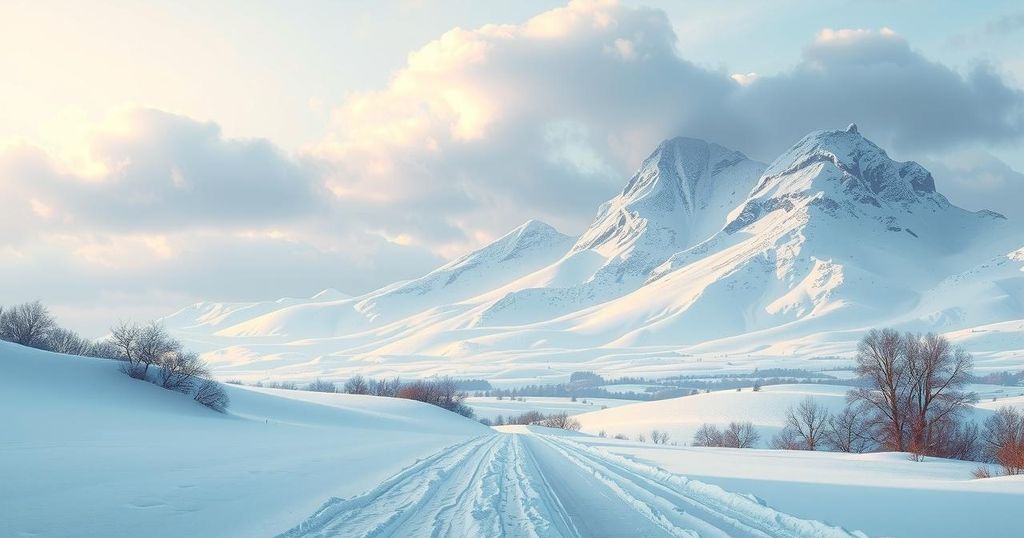 A frosty landscape with snow covering mountains and fields under a cloudy sky, showcasing winter chill.