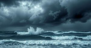 Dark clouds gathering over an ocean, with strong winds and crashing waves indicating an approaching storm.