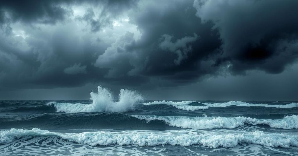 Dark clouds gathering over an ocean, with strong winds and crashing waves indicating an approaching storm.