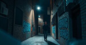 A dark alley in Antwerp featuring shadows, graffiti, and dim lighting, conveying a sense of mystery and intrigue.