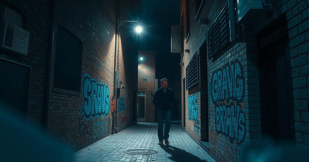 A dark alley in Antwerp featuring shadows, graffiti, and dim lighting, conveying a sense of mystery and intrigue.