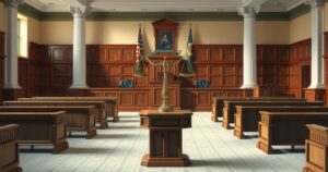 A calm courtroom scene with the scales of justice symbolizing fairness and legal protection in a neutral color palette.