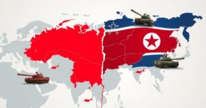 A tense diplomatic scene with maps, flags, and military symbols symbolizing Russia-North Korea relations.