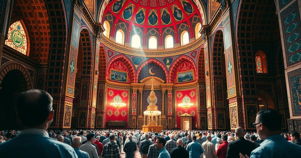 Ceremony in Tehran with a grand mosque backdrop and an audience engaged in a spiritual experience.