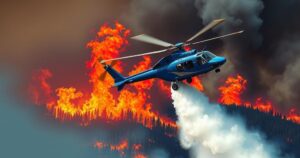 A firefighting helicopter dropping water on a wildfire, showcasing emergency response in action with vibrant colors.