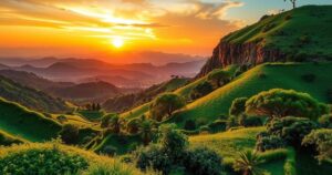 A serene landscape in Angola with lush greenery and distant hills under a golden sunset sky.
