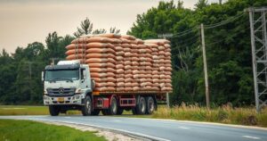 A detailed scene of a recovered truck loaded with cement bags, set against a rural backdrop with trees.