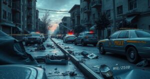 A scene depicting a chaotic urban area with damaged cars and police activity following a crime.