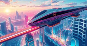 Maglev train soaring above a futuristic cityscape with vibrant neon colors and sleek design