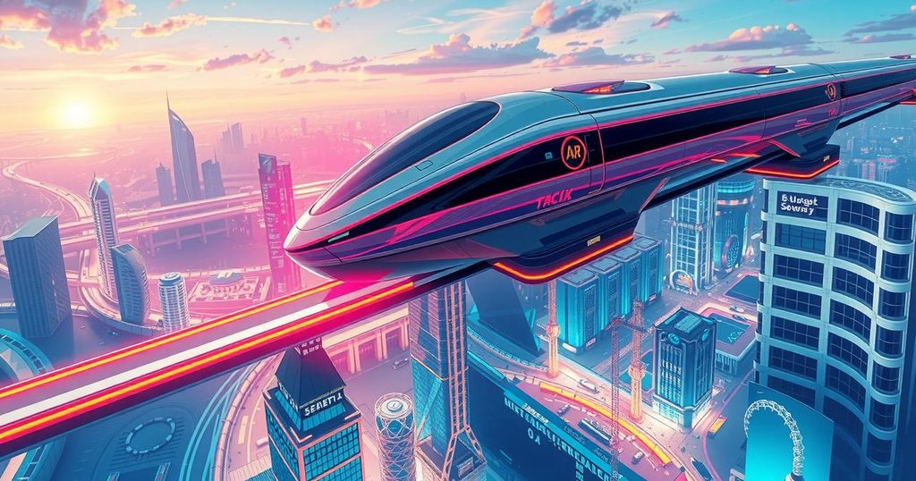 Maglev train soaring above a futuristic cityscape with vibrant neon colors and sleek design
