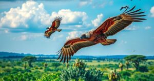 Vultures soaring in a blue sky over a lush green landscape in South Africa.