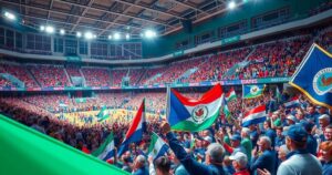 A vibrant scene of a stadium filled with enthusiastic supporters and flags, celebrating a political event.