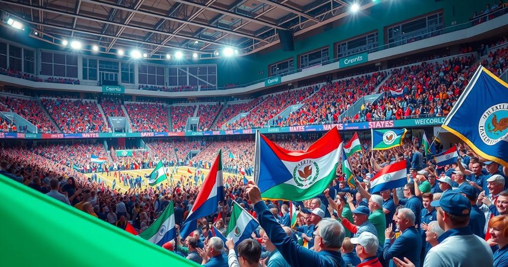A vibrant scene of a stadium filled with enthusiastic supporters and flags, celebrating a political event.