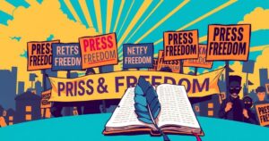 Depiction of a protest scene advocating for press freedom, featuring symbols of journalism and equality.
