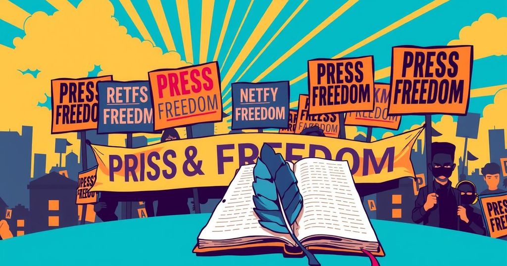 Depiction of a protest scene advocating for press freedom, featuring symbols of journalism and equality.