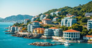 A coastal view of Wonsan, North Korea, featuring modern architecture and lush surroundings under a clear blue sky.