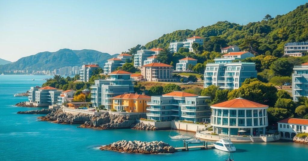 A coastal view of Wonsan, North Korea, featuring modern architecture and lush surroundings under a clear blue sky.