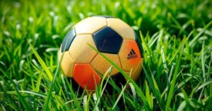 Colorful soccer ball on a lush green field, representing excitement of the game, in a vibrant and lively style.