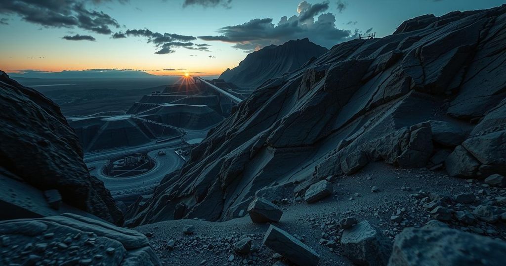 Deserted gold mine at dusk with jagged rocks and fading sky, illustrating tension and harsh environment.