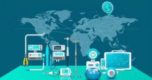 A medtech landscape showcasing diverse medical devices and a world map, symbolizing trade tensions between China and EU.