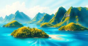 A vibrant illustration of the Comoros islands in a tropical setting, showcasing lush greenery and sea.