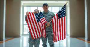 Two soldiers celebrate U.S. citizenship in military uniform, backdrop of flags, symbolizing unity and hope.