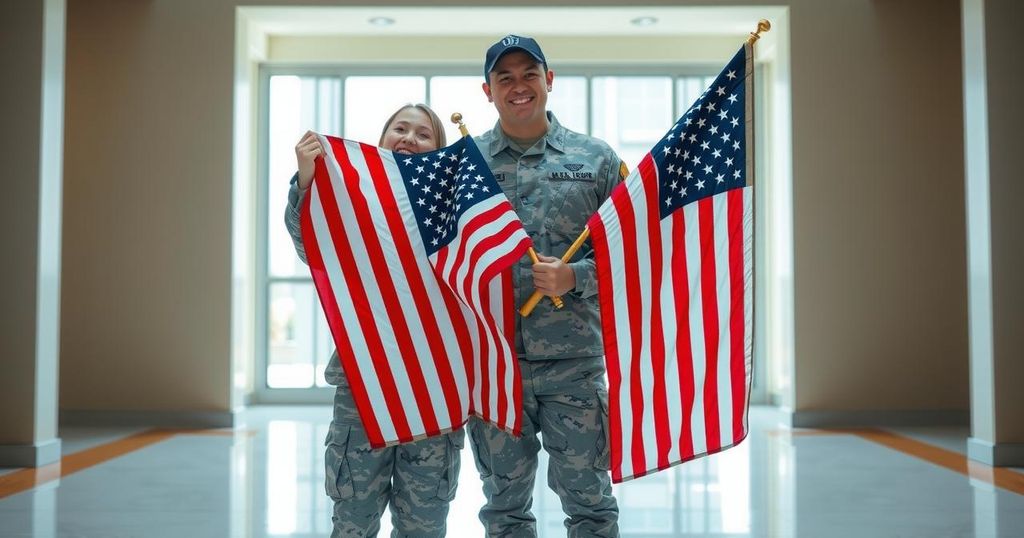 Two soldiers celebrate U.S. citizenship in military uniform, backdrop of flags, symbolizing unity and hope.