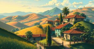 Vibrant depiction of daily life in Paraguay, featuring lush landscapes and traditional homes in warm colors.