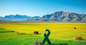 A scenic landscape of Angola's minefield, with lush greenery and distant mountains representing awareness efforts.