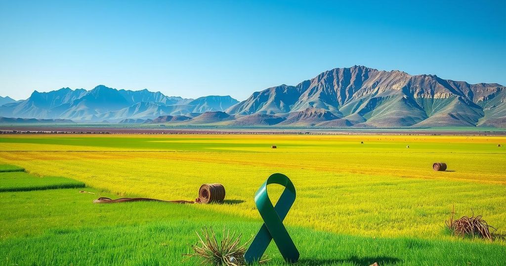A scenic landscape of Angola's minefield, with lush greenery and distant mountains representing awareness efforts.