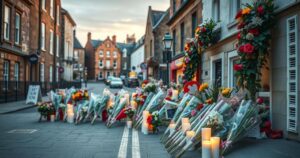 A peaceful street scene with floral tributes and candles in memory of a beloved scientist.