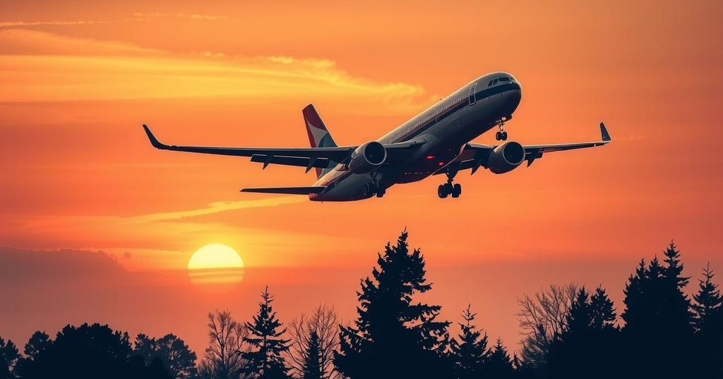 Flight bringing home deported Venezuelans, symbolizing hope and freedom, with soft blue and warm sunset colors.