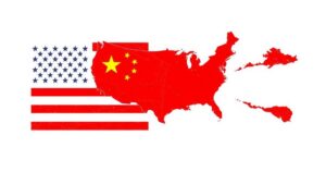 A red and white flag symbolizing China and the USA, with borders showing map outlines, conveying geopolitical tension.